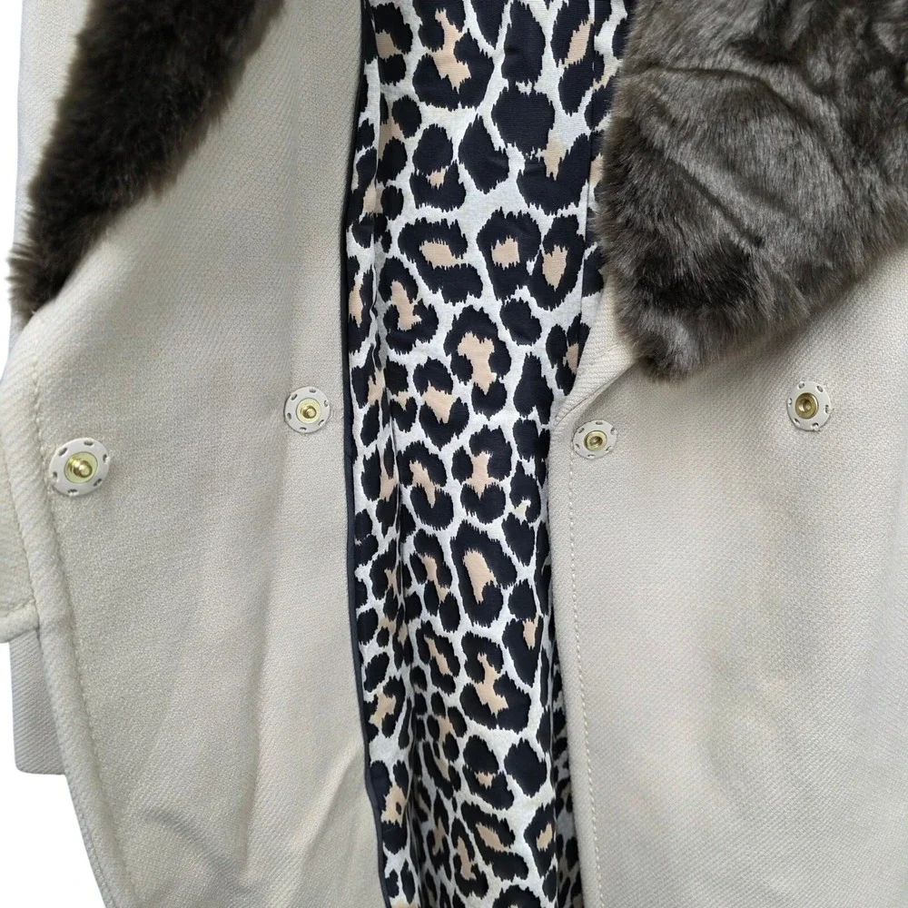 Kate Spade Briella‎ Wool Blend Belted Coat Faux Fur Collar Leopard Lined Winter